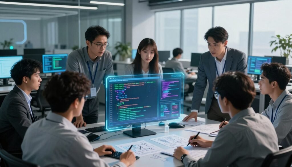 A futuristic office setting featuring a diverse group of professionals engaged in brainstorming AI-powered solutions for software testing. In the foreground, a mixed-gender team collaboratively examines a holographic display of code snippets and visual test cases, showcasing the innovative AI technology. The middle section reveals high-tech computers with glowing screens, papers strewn about with diagrams and flowcharts related to unit tests. The background shows a sleek, modern office with large windows allowing natural light to illuminate the space, casting soft shadows. The atmosphere is dynamic and focused, conveying a sense of creativity and productivity. Soft blue and green lighting enhances the technical feel, while a slight lens flare creates a polished, professional aesthetic.