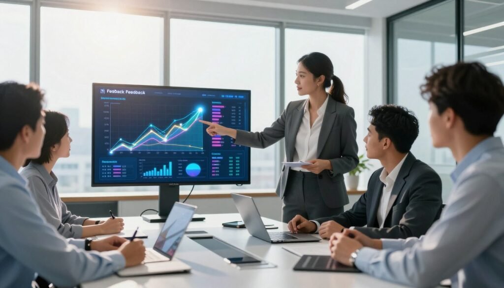 A high-tech office setting where a diverse group of professionals is engaged in a collaborative meeting, analyzing a digital dashboard displaying flowing graphs and analytics representing AI-driven feedback transformation. In the foreground, a confident woman in business attire points at the screen, sharing insights with her colleagues, who are seated around a sleek, modern conference table. In the middle, visible on the screen are dynamic visualizations of feedback data, with vibrant colors and glowing effects illustrating positive trends. The background features large windows, through which natural light streams in, creating an optimistic atmosphere. A subtle lens flare enhances the feeling of innovation and progress, portraying a successful integration of AI in client feedback processes. A high-tech office setting where a diverse group of professionals is engaged in a collaborative meeting, analyzing a digital dashboard displaying flowing graphs and analytics representing AI-driven feedback transformation. In the foreground, a confident woman in business attire points at the screen, sharing insights with her colleagues, who are seated around a sleek, modern conference table. In the middle, visible on the screen are dynamic visualizations of feedback data, with vibrant colors and glowing effects illustrating positive trends. The background features large windows, through which natural light streams in, creating an optimistic atmosphere. A subtle lens flare enhances the feeling of innovation and progress, portraying a successful integration of AI in client feedback processes.