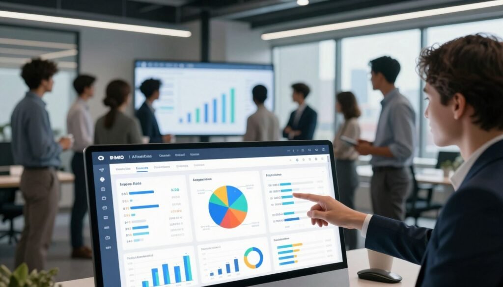 A modern analytics dashboard showcasing AI-driven SMS campaign metrics. In the foreground, a sleek digital interface with vibrant graphs, pie charts, and data visualizations, representing engagement rates, click-through rates, and sales conversions. The middle layer features a diverse group of professionals in business attire, intently analyzing metrics on a large screen, with one individual pointing at the most striking graph. In the background, a contemporary office space with soft, ambient lighting, large windows letting in natural light, and a city skyline visible. The overall atmosphere is one of focus and innovation, emphasizing the intersection of technology and marketing strategy. The image should reflect a sense of professionalism and advancement in digital analytics, with a clean and polished aesthetic.