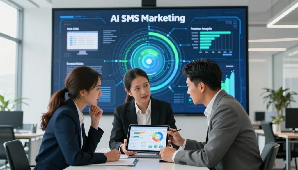 A modern office environment with a sleek, high-tech feel, showcasing an array of AI SMS marketing tools on a large digital screen in the background. In the foreground, a diverse group of three professionals, dressed in smart business attire, attentively discussing customer analytics with charts and graphs displayed on a tablet. The middle ground features a bold infographic representing predictive analytics, incorporating vibrant colors like blue and green to convey innovation. Bright, natural lighting streams through large windows, creating an inviting atmosphere. The image captures a sense of collaboration and forward-thinking, emphasizing the importance of data-driven strategies in anticipating customer needs.