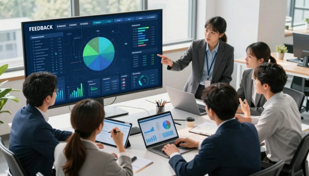 A modern office scene illustrating a streamlined feedback system, featuring a diverse group of professionals in smart business attire engaged around a large digital screen displaying a vibrant, dynamic dashboard. The foreground highlights focused individuals discussing insights, with gestures emphasizing collaboration and brainstorming. In the middle ground, tools like tablets and laptops are open, showcasing graphs and feedback metrics. The background features large windows with natural light flooding the space, casting soft shadows that create a warm, inviting atmosphere. The composition should be from a slightly elevated angle, enhancing depth and engagement in the scene, with a color palette of blues and greens to invoke a sense of innovation and efficiency. A modern office scene illustrating a streamlined feedback system, featuring a diverse group of professionals in smart business attire engaged around a large digital screen displaying a vibrant, dynamic dashboard. The foreground highlights focused individuals discussing insights, with gestures emphasizing collaboration and brainstorming. In the middle ground, tools like tablets and laptops are open, showcasing graphs and feedback metrics. The background features large windows with natural light flooding the space, casting soft shadows that create a warm, inviting atmosphere. The composition should be from a slightly elevated angle, enhancing depth and engagement in the scene, with a color palette of blues and greens to invoke a sense of innovation and efficiency.