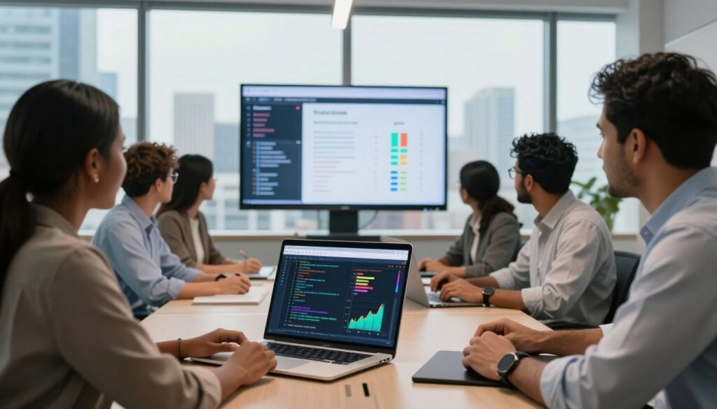 A modern office setting showcasing a group of diverse professionals, including a Black woman and a South Asian man, collaborating around a sleek conference table. In the foreground, a laptop displays an interface of an AI testing tool, with colorful graphs and code snippets visible on the screen. The middle ground features a large digital display showing real-time analytics and successful test results. The background reveals floor-to-ceiling windows with a city skyline, bathing the room in natural light. The atmosphere is energetic and focused, conveying innovation and teamwork. Use soft lighting to emphasize the clarity of the screens and the engaged expressions of the professionals, photographed from a slightly elevated angle to capture the action in the room effectively.