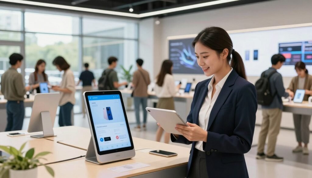 A modern retail environment showcasing AI-powered shopping assistants in action. In the foreground, a friendly, professional female assistant wearing smart business attire is engaging with a customer, using a sleek tablet to assist with product recommendations. The middle ground features modern shopping displays with interactive screens showcasing product information, surrounded by stylish shoppers exploring the space. In the background, large windows let in natural light, illuminating the store’s contemporary design, accented with subtle digital elements like holographic product displays. The atmosphere is vibrant and inviting, emphasizing the evolution of customer interaction through technology. The scene is captured with a focus on depth, using a wide-angle lens to enhance the dynamic feel of the busy shopping environment.