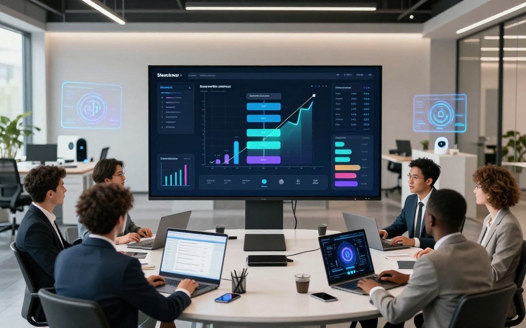 A modern, sleek digital workspace illustrating AI webinar funnel automation. In the foreground, a diverse group of professionals in smart business attire, engaged in a virtual brainstorming session, surrounded by high-tech devices. In the middle, a large digital touchscreen displaying an intuitive funnel diagram with graphs and analytics, representing growth and efficiency. The background features an open office with contemporary furniture and subtle AI elements like holographic displays and smart assistants. The lighting is bright and inviting, emphasizing a productive atmosphere. The composition captures a sense of collaboration and innovation, showcasing the power of smart technology in boosting sales fast through automated webinar funnels.
