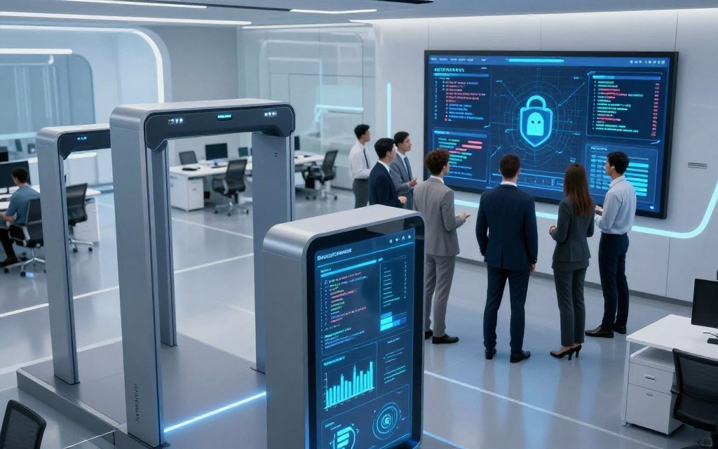 A modern, sleek office environment filled with high-tech automated security scanning tools. In the foreground, a specialized software interface displays a series of real-time security checks, showcasing code analysis and vulnerability assessments with glowing graphical elements. In the middle ground, a diverse group of professionals in smart business attire collaborates around a large digital screen, examining security metrics and discussing findings. The background features a futuristic workspace with minimalist design elements, ambient lighting illuminating the room with a cool blue hue. The scene conveys a sense of innovation and efficiency, highlighting the importance of automated security in coding processes. The angle should be slightly elevated, creating a dynamic view that captures both the technology and teamwork involved in securing code.