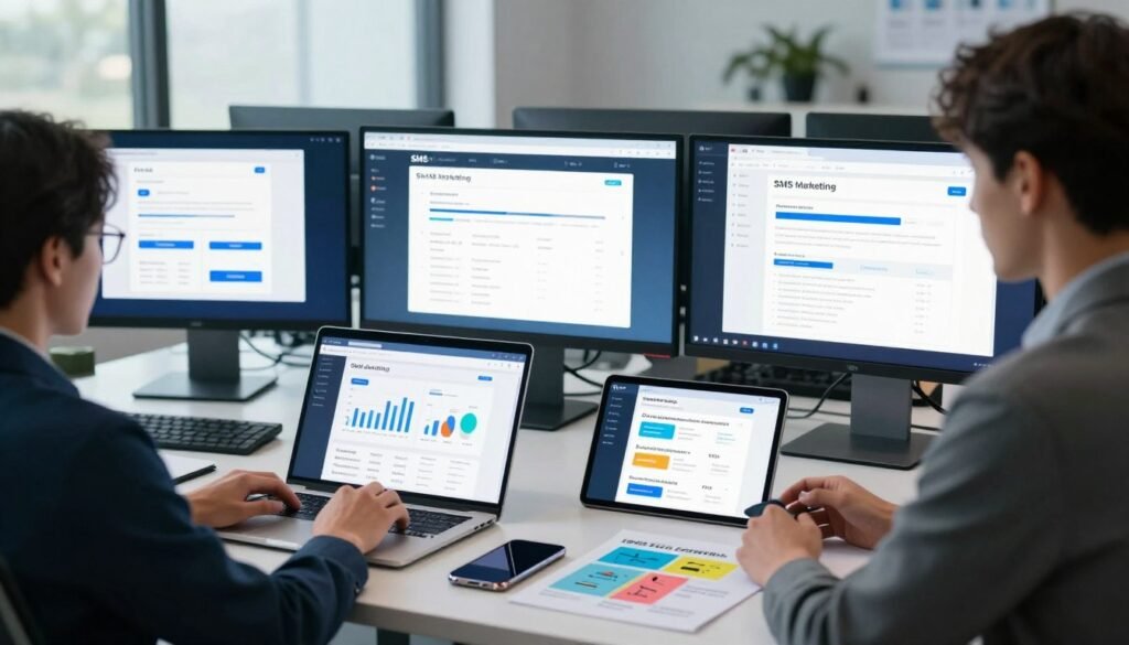 A modern, sleek workspace featuring various AI-powered SMS marketing platforms displayed on multiple computer screens. In the foreground, a professional individual in business attire is analyzing data on a laptop, showcasing graphs and statistics related to SMS marketing campaigns. The middle ground reveals a stylish desk cluttered with smartphones, notepads, and colorful charts representing marketing strategies. In the background, large windows let in natural light, illuminating the room and enhancing the high-tech atmosphere. Soft, cool tones dominate the scene, creating a sense of innovation and efficiency, while subtle shadows add depth. A clear focus on the interface of the SMS marketing platforms emphasizes advanced technology and immediate results.