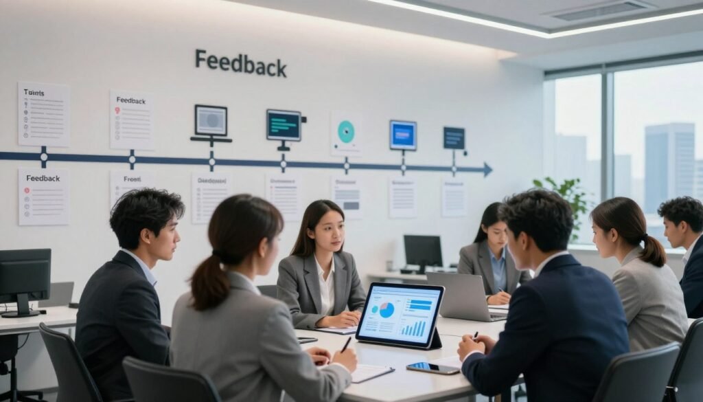 A sleek, modern office space represents the evolution of client feedback systems. In the foreground, a diverse group of professionals in business attire, engaged in a productive discussion around a digital tablet displaying interactive graphs and charts. The middle ground features a timeline on the wall showcasing various iconic feedback tools, from paper surveys to cutting-edge AI chatbots. Soft, ambient lighting creates a collaborative atmosphere, highlighting the transition from traditional methods to advanced technology. The background displays large windows with a city skyline, symbolizing progress and innovation. The angle captures the dynamics of conversation and the excitement of modernizing client interactions, all within a clean and professional environment. A sleek, modern office space represents the evolution of client feedback systems. In the foreground, a diverse group of professionals in business attire, engaged in a productive discussion around a digital tablet displaying interactive graphs and charts. The middle ground features a timeline on the wall showcasing various iconic feedback tools, from paper surveys to cutting-edge AI chatbots. Soft, ambient lighting creates a collaborative atmosphere, highlighting the transition from traditional methods to advanced technology. The background displays large windows with a city skyline, symbolizing progress and innovation. The angle captures the dynamics of conversation and the excitement of modernizing client interactions, all within a clean and professional environment.