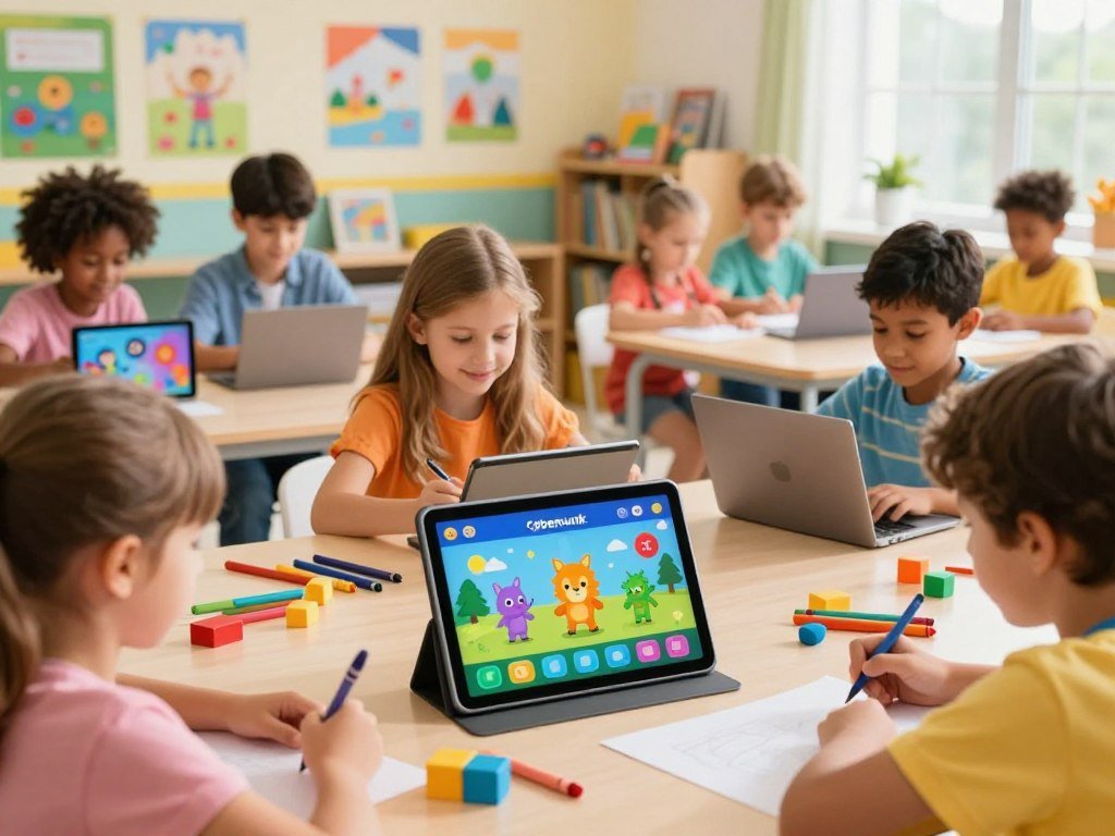A vibrant and engaging digital workspace showcasing children's educational apps. In the foreground, a colorful tablet displaying a fun learning game, featuring cute cartoon characters and interactive elements, surrounded by children's art supplies like crayons and colorful blocks. In the middle ground, a diverse group of children, casually dressed in bright clothes, deeply engaged in using various devices—tablets and laptops—demonstrating joyful concentration. The background features a bright, sunny classroom filled with educational posters and bookshelves stocked with children's books, creating an inviting atmosphere. Soft natural lighting streams through large windows, enhancing the cheerful mood. Use a slightly elevated angle to capture the scene cohesively, emphasizing the excitement and fun of learning through technology.