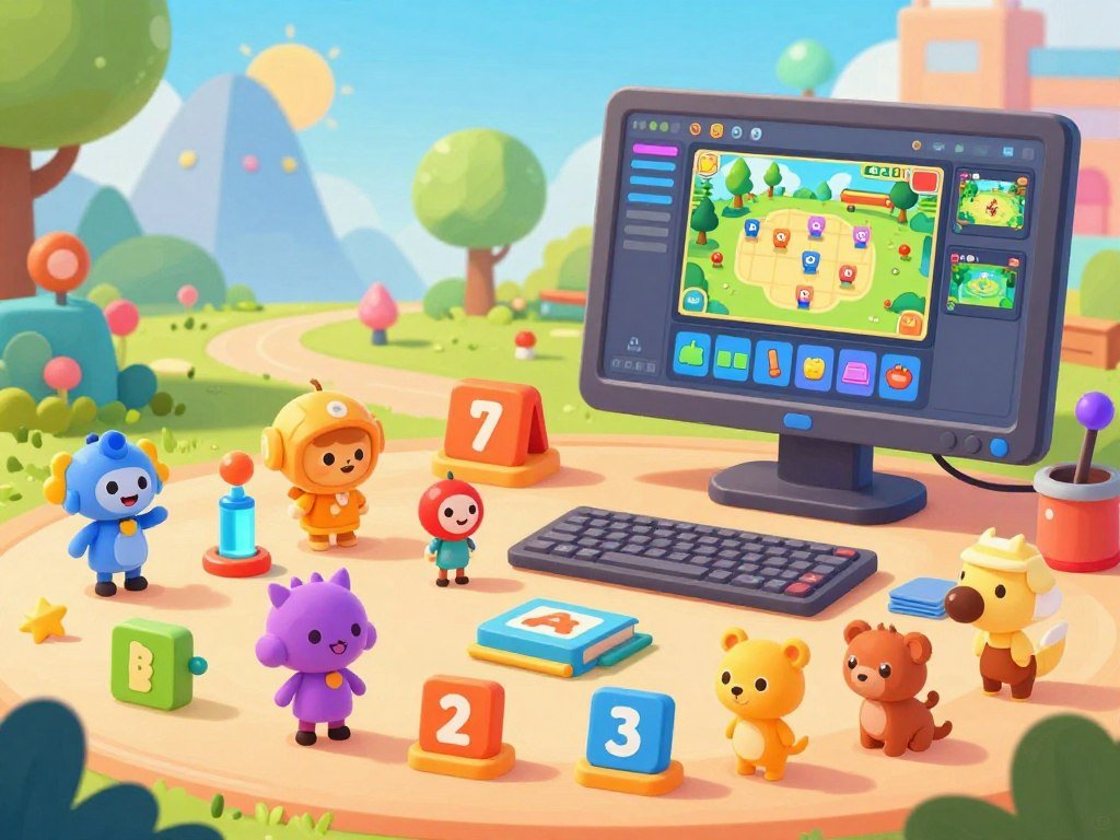 A vibrant and engaging illustration of AI-generated educational game assets designed for children's learning. In the foreground, display an array of colorful 2D and 3D game elements such as playful characters, interactive objects, and educational icons featuring numbers, letters, and animals. The middle ground should showcase a digital workspace with a computer screen displaying a game development interface, including design grids and game previews. In the background, include animated illustrations of a digital landscape, like a fun learning environment with trees, mountains, and sun, enhancing a cheerful atmosphere. Use bright and warm lighting to evoke a sense of creativity and enthusiasm. The angle should be slightly tilted down to emphasize the game assets, inviting viewers into the vibrant world of children's educational games.
