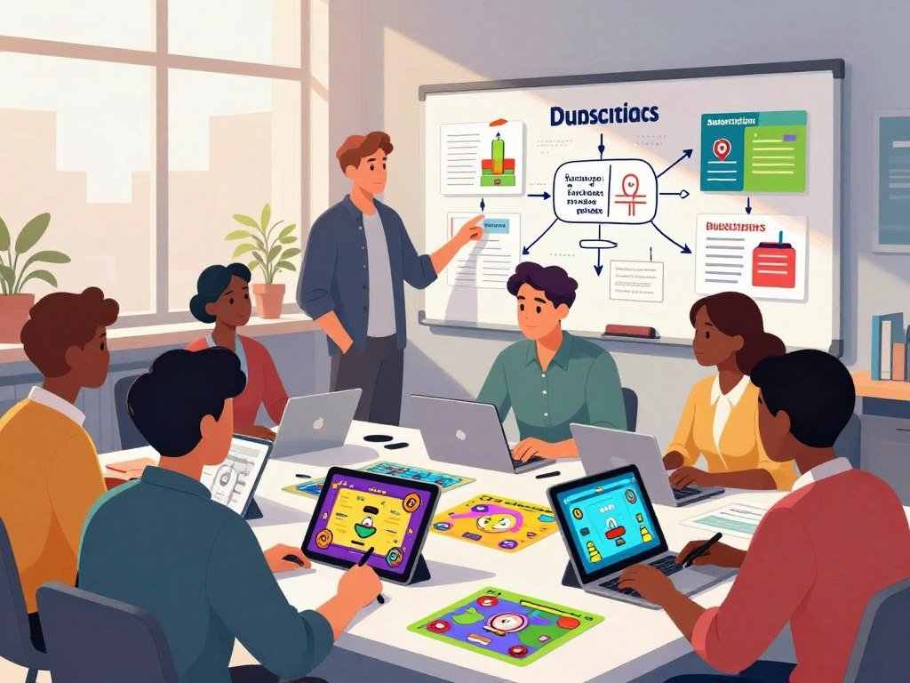 A vibrant and engaging illustration of monetization strategies for educational games, featuring a modern workspace scene. In the foreground, a diverse group of professionals, dressed in business casual attire, are collaborating around a sleek table littered with colorful game prototypes and digital tablets displaying playful game interfaces. The middle ground showcases a large whiteboard filled with diagrams and charts outlining various monetization methods, such as subscriptions, in-app purchases, and ads. In the background, large windows allow warm natural light to flood in, creating an inviting atmosphere. The overall mood is dynamic and innovative, capturing the excitement of developing educational games while considering effective monetization. The perspective is slightly elevated to capture the collaborative energy of the scene.
