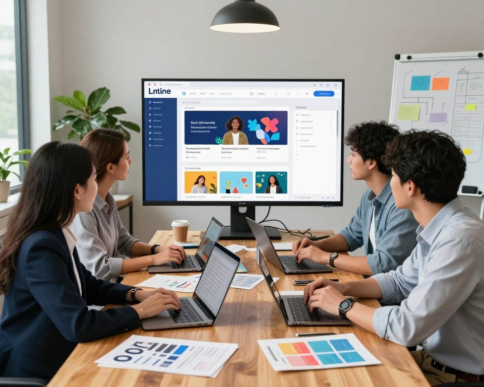 A vibrant and modern online course creation workspace. In the foreground, a diverse group of three professionals, a woman in a smart blazer and two men in casual but neat attire, are engaged in a brainstorming session around a sleek, wooden table covered with laptops, tablets, and marketing materials. In the middle ground, a large screen displays a colorful interface of an online learning platform, showcasing course designs and analytics. The background features a bright, airy office space with large windows letting in natural light, plants adding greenery, and whiteboards with brainstorming notes. The atmosphere feels collaborative and innovative, with a sense of purpose and productivity enhanced by warm, inviting lighting. The composition captures a perfect blend of technology and teamwork, emphasizing the essence of selecting the right online learning platform. A vibrant and modern online course creation workspace. In the foreground, a diverse group of three professionals, a woman in a smart blazer and two men in casual but neat attire, are engaged in a brainstorming session around a sleek, wooden table covered with laptops, tablets, and marketing materials. In the middle ground, a large screen displays a colorful interface of an online learning platform, showcasing course designs and analytics. The background features a bright, airy office space with large windows letting in natural light, plants adding greenery, and whiteboards with brainstorming notes. The atmosphere feels collaborative and innovative, with a sense of purpose and productivity enhanced by warm, inviting lighting. The composition captures a perfect blend of technology and teamwork, emphasizing the essence of selecting the right online learning platform.