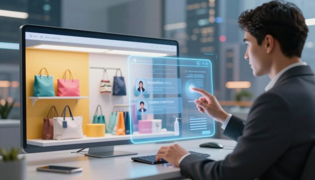 A visually appealing, modern e-commerce scene showcasing the integration of AI technology to enhance user experience. In the foreground, a professional-looking individual in business attire interacts with a holographic AI interface that displays product recommendations and personalized chat funnels. In the middle ground, a sleek digital storefront highlights various products, featuring vibrant colors and a user-friendly layout that suggests advanced AI algorithms at work. The background features a dynamic cityscape, symbolizing the growing influence of technology on commerce, with soft, ambient lighting to create a progressive and innovative atmosphere. The overall mood is optimistic and futuristic, emphasizing the seamless fusion of AI and shopping. The camera angle is slightly elevated, providing a comprehensive view of this engaging, technology-driven environment.