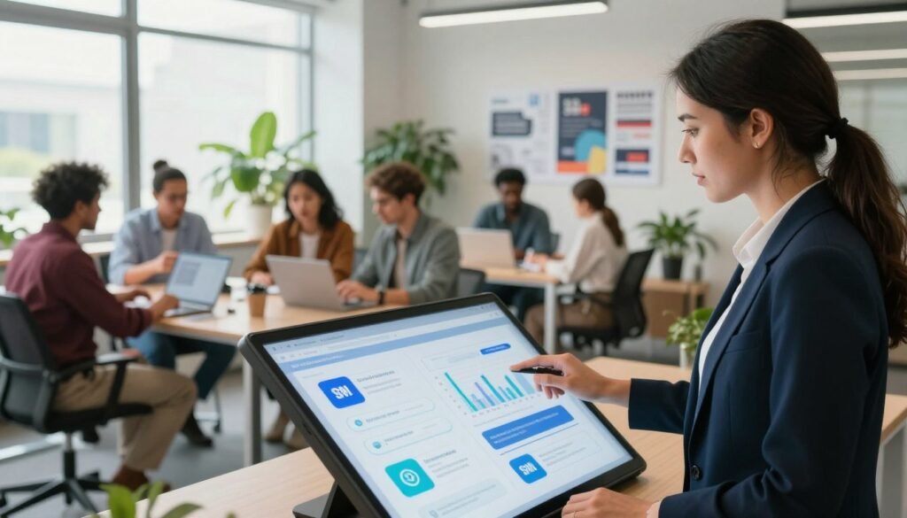 A visually captivating office environment showcasing professionals collaborating on AI SMS marketing strategies. In the foreground, a well-dressed businesswoman engages with a large touch screen displaying animated graphs and SMS conversations, embodying success and innovation. To the side, a diverse group of professionals in smart casual attire discuss over laptops and digital devices, emphasizing teamwork and technology. The middle ground features an inspiring workspace with plants and motivational posters, enhancing the creative atmosphere. The background includes large windows bathing the scene in natural light, implying optimism and growth. The overall mood is energetic and focused, highlighting the real-world impact of AI SMS marketing tools on business success. Shot with a soft focus lens for an inviting depth, creating an engaging visual narrative of practical implementation.