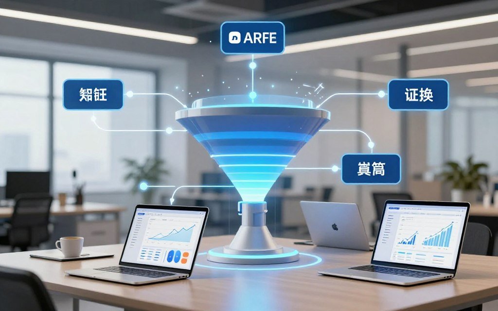 A visually striking automated sales funnel depicted as a dynamic flowchart, illustrating various stages intertwined with AI elements. In the foreground, sleek digital devices like laptops and tablets showcase graphs and analytics, symbolizing sales growth. The middle layer features a modern, futuristic funnel structure with glowing lines representing the passage of leads, transitioning from awareness to conversion. The background is a subtle blur of a contemporary office space, with soft, diffused lighting casting a professional ambiance. Use a wide-angle lens perspective to capture the entire scene, creating a sense of depth. The mood is innovative and optimistic, showcasing the transformative power of automation in webinar sales.