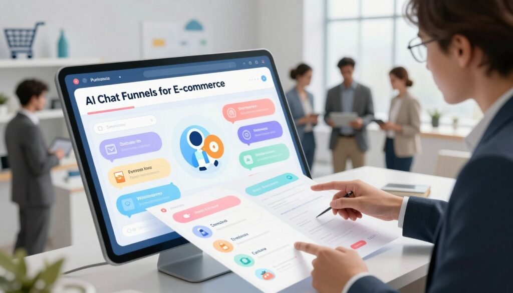 A visually striking composition depicting "AI Chat Funnels for E-commerce." In the foreground, a sleek, modern digital interface showcases a vibrant AI chat funnel, complete with colorful icons representing various e-commerce products and customer interactions. The middle ground features a diverse group of professionals in modern business attire, actively engaging with the chat interface, showcasing collaboration and teamwork. The background displays a stylized e-commerce environment with subtle elements like shopping carts and product displays, enhancing the theme of online sales. The lighting is bright and inviting, emphasizing a productive atmosphere. The scene is captured from a dynamic angle that conveys a sense of innovation and forward-thinking, reflecting the energy of boosting e-commerce sales through AI technology.