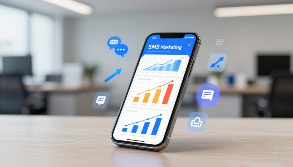 A visually striking infographic depicting SMS marketing statistics, centered on a sleek digital smartphone showcasing various graphs and charts illustrating user engagement and conversion rates. In the foreground, the smartphone is tilted slightly, its screen glowing with vibrant colors against a subtle wood or marble desk background. The middle layer features modern icons representing messaging, growth arrows, and demographic segments, artfully arranged to emphasize the importance of SMS marketing. The background consists of a blurred office setting with soft, professional lighting that signifies a dynamic business atmosphere. The overall mood conveys innovation and efficiency, inviting viewers to consider the ongoing relevance of SMS marketing in the digital landscape. No text or branding is visible, maintaining a clean, professional appearance.