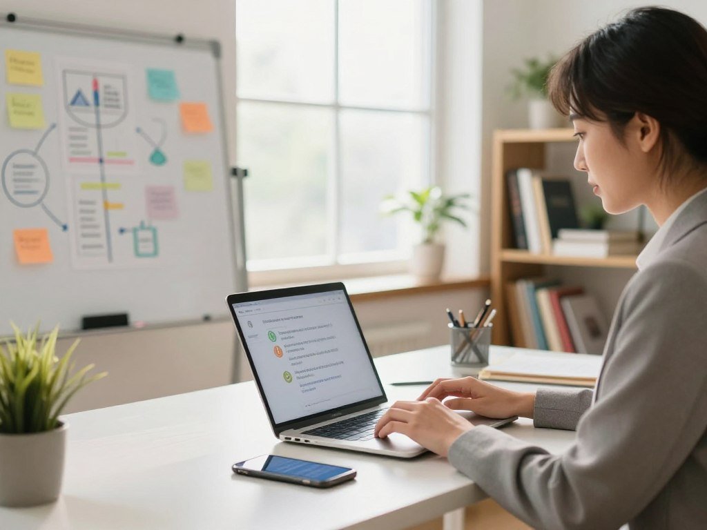 A bright and inviting home office scene, showcasing a person in professional business attire sitting at a sleek desk, absorbed in their work on a laptop. In the foreground, a smartphone displays notifications of client inquiries. To the side, a whiteboard covered with colorful diagrams and notes about marketing strategies hints at their side hustle efforts. In the middle, a large window allows natural light to flood the space, creating a warm and motivating atmosphere. The background features a bookshelf filled with business books and plants, adding a touch of life. The mood is proactive and inspiring, emphasizing creativity and productivity. Employ soft, diffused lighting for a welcoming feel, with a slight depth of field that keeps the focus on the individual and their workspace.