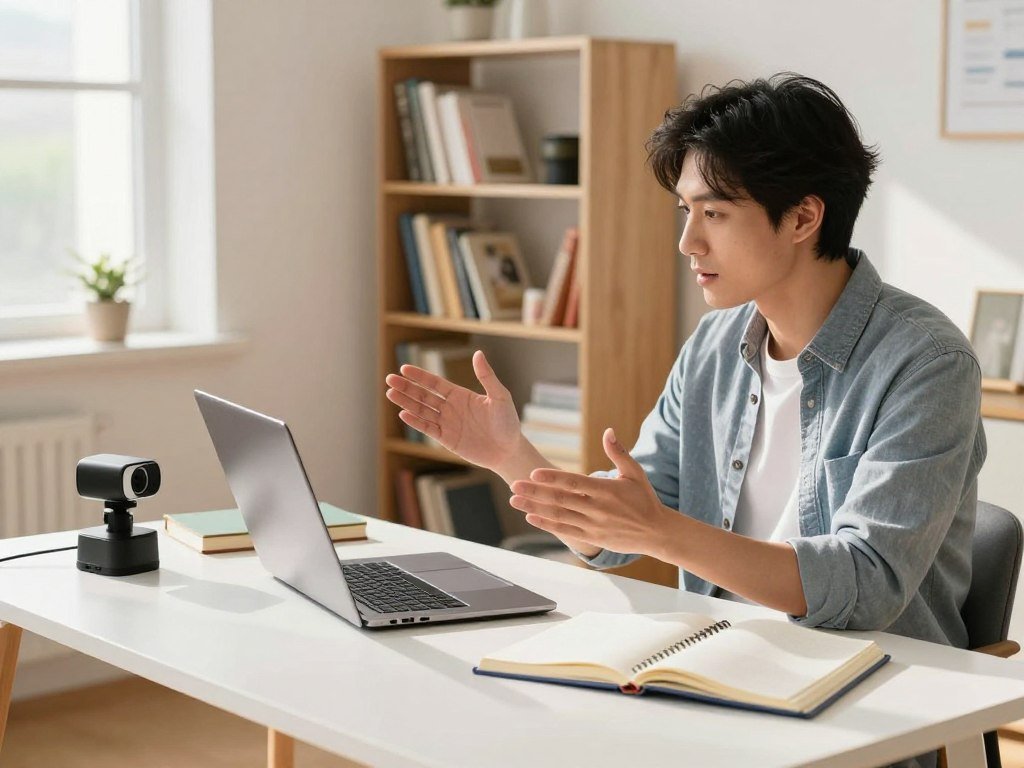 A bright and organized home office designed for online tutoring, featuring a stylish desk with a sleek laptop, a quality webcam, and materials like books and notebooks prominently displayed. In the foreground, a professional-looking individual in smart casual clothing is seated, attentively gesturing as if communicating with students. The middle background showcases an inviting bookshelf filled with educational resources and a cozy chair for reading. Soft, natural light streams through a window, creating a warm atmosphere and casting gentle shadows. The overall mood is motivational and focused, emphasizing a productive and efficient digital classroom setting.