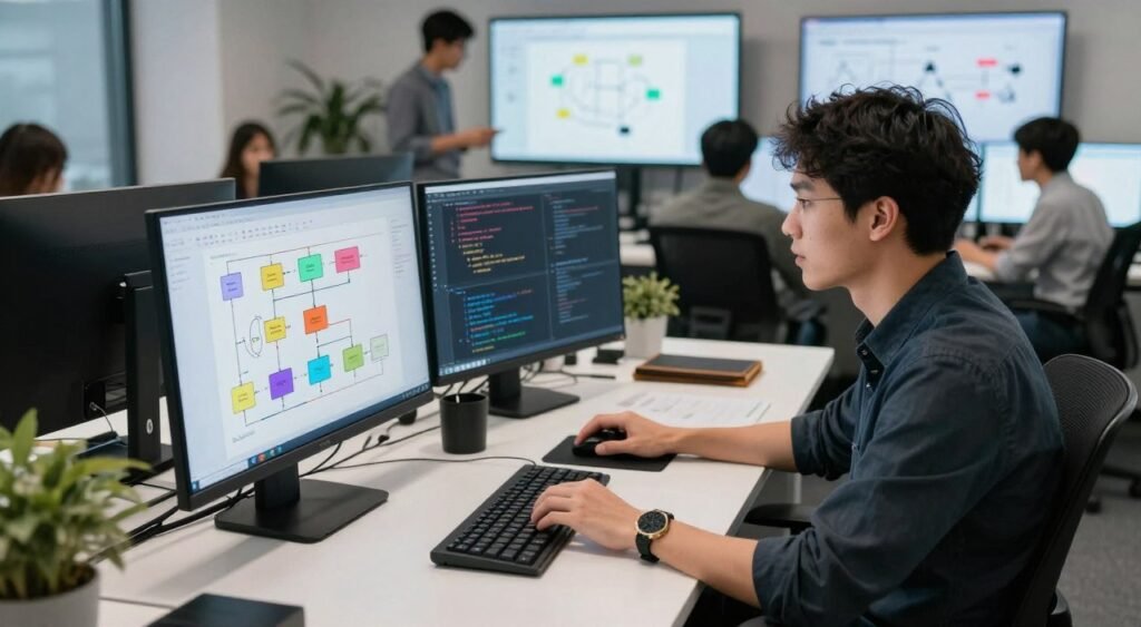 A busy office environment focusing on a professional developer sitting at a sleek, modern desk, intensely engaged in creating an innovative database schema on a large computer screen. The foreground features a close-up of colorful diagrams and flowcharts reflecting dynamic schema design. In the middle ground, a variety of coding tools and digital devices are arranged, showcasing a high-tech workspace. The background reveals a collaborative area with team members discussing schemas using interactive whiteboards. Soft, diffuse lighting highlights the workspace, while a slightly elevated angle provides a comprehensive view of the scene. The overall mood is one of creativity, innovation, and productivity, evoking the vibrant energy of tech development and the success stories of AI in coding. A busy office environment focusing on a professional developer sitting at a sleek, modern desk, intensely engaged in creating an innovative database schema on a large computer screen. The foreground features a close-up of colorful diagrams and flowcharts reflecting dynamic schema design. In the middle ground, a variety of coding tools and digital devices are arranged, showcasing a high-tech workspace. The background reveals a collaborative area with team members discussing schemas using interactive whiteboards. Soft, diffuse lighting highlights the workspace, while a slightly elevated angle provides a comprehensive view of the scene. The overall mood is one of creativity, innovation, and productivity, evoking the vibrant energy of tech development and the success stories of AI in coding.