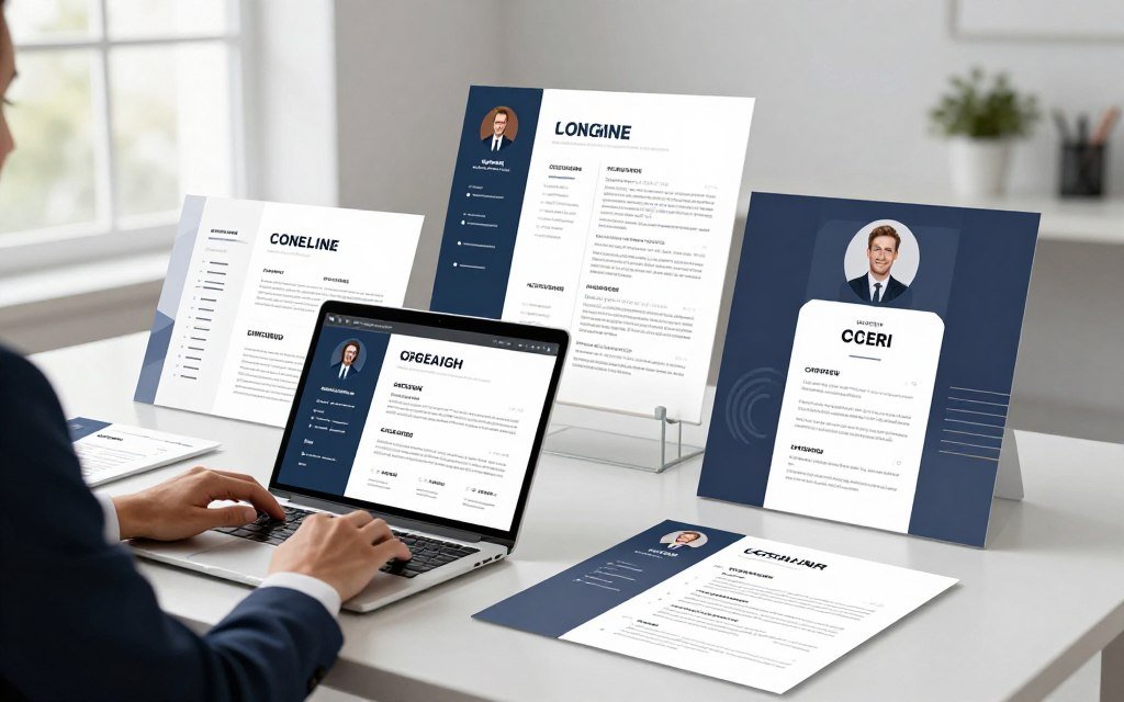 A collection of elegant and modern CV design templates, neatly arranged on a sleek, minimalist workspace desk. In the foreground, professional business attire-clad hands are selecting a template on a laptop screen, showcasing vivid colors and stylish layouts. The middle ground features various CV designs displayed in an aesthetically pleasing manner, highlighting different styles such as classic, creative, and infographic formats. In the background, soft natural light streams in through a large window, creating a bright and inviting atmosphere. The lens focuses on the templates while slightly blurring the background, emphasizing the innovative and professional aspect of automated resume creation. The overall mood conveys inspiration and efficiency, suitable for individuals looking to enhance their job applications.
