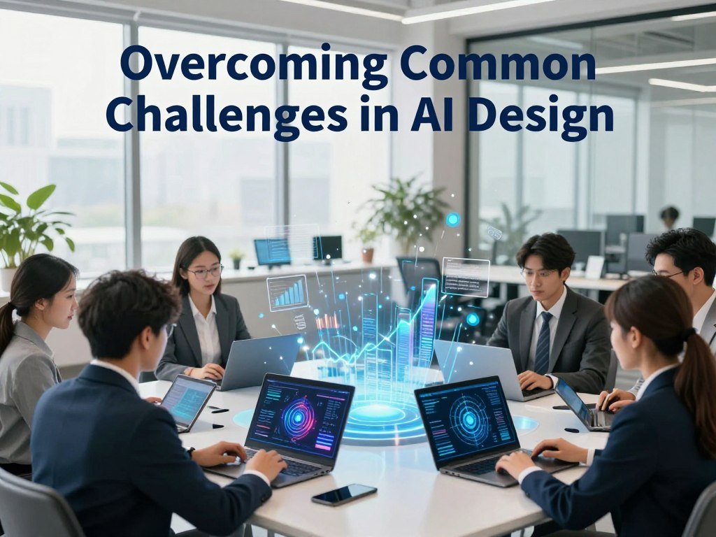 A conceptual infographic illustrating the theme of "Overcoming Common Challenges in AI Design" within a marketing context. In the foreground, a diverse group of professional individuals in business attire collaborates around a sleek, modern table covered with digital tablets and state-of-the-art laptops displaying vibrant AI visualizations and data. In the middle, dynamic graphs and charts emerge from the devices, seamlessly blending across a digital landscape, symbolizing innovative ideas and teamwork. The background features a modern office setting with large windows allowing natural light to flood the space, enhancing a collaborative and inspiring atmosphere. The mood is positive and motivational, with a focus on solutions in AI design, conveyed through a harmonious color palette of blues and greens, evoking a sense of creativity and professionalism. A conceptual infographic illustrating the theme of "Overcoming Common Challenges in AI Design" within a marketing context. In the foreground, a diverse group of professional individuals in business attire collaborates around a sleek, modern table covered with digital tablets and state-of-the-art laptops displaying vibrant AI visualizations and data. In the middle, dynamic graphs and charts emerge from the devices, seamlessly blending across a digital landscape, symbolizing innovative ideas and teamwork. The background features a modern office setting with large windows allowing natural light to flood the space, enhancing a collaborative and inspiring atmosphere. The mood is positive and motivational, with a focus on solutions in AI design, conveyed through a harmonious color palette of blues and greens, evoking a sense of creativity and professionalism.