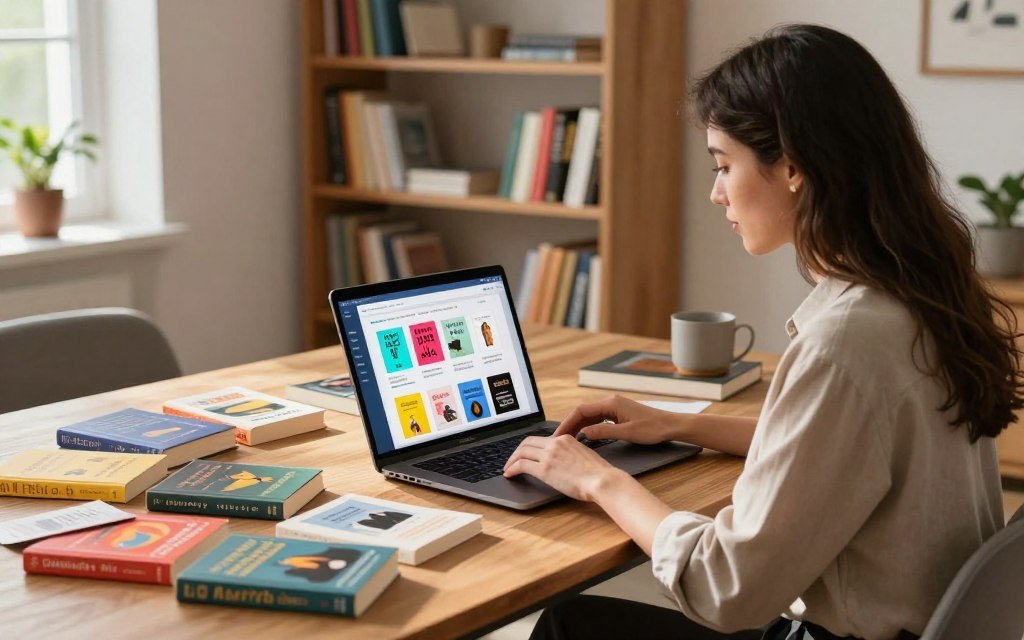 A cozy and modern workspace featuring a sleek laptop displaying a colorful book recommendation interface. In the foreground, a focused professional woman dressed in smart casual attire is engaged in reviewing AI tools for book analytics. Beside her, an array of vibrant book covers spilled across a stylish wooden desk symbolizes variety. The background reveals a well-lit room adorned with bookshelves filled with various genres, creating an inviting atmosphere. Soft natural lighting pours in from a nearby window, casting gentle shadows. The scene captures a sense of innovation and creativity, emphasizing the integration of AI in enhancing the book recommendation process, with a warm and motivating ambiance that inspires online entrepreneurship.