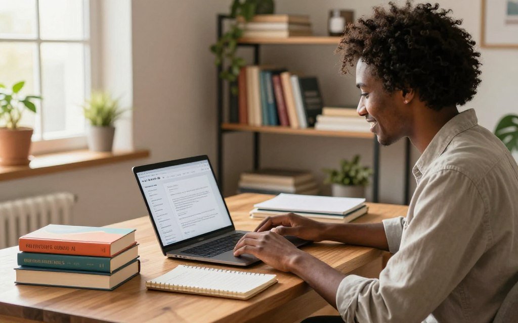 A cozy home office scene showcasing an engaged professional recommending books using AI. In the foreground, a diverse individual dressed in smart casual attire, sitting at a stylish wooden desk, interacting with a sleek laptop displaying AI-generated book suggestions. On the desk, a stack of colorful books and a notebook filled with notes. The middle ground features a bookshelf filled with various genres of books and a potted plant, adding greenery to the space. In the background, a warm, inviting window with sunlight streaming in, creating a productive atmosphere. The overall mood is energetic and inspiring, reflecting the excitement of leveraging AI for book recommendations. Soft lighting highlights the person and their workspace, enhancing the sense of focus and creativity.