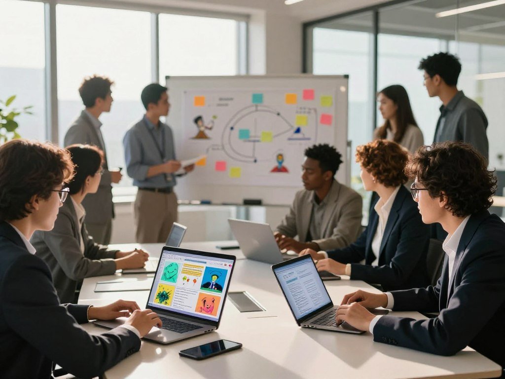 A creative workspace depicting an AI-driven animation script preparation scene. In the foreground, a diverse group of professional individuals, dressed in smart business attire, brainstorm ideas around a sleek, modern conference table. Laptops display colorful storyboards and animated sequences, while digital tablets show script outlines. In the middle ground, a large whiteboard is covered in sticky notes and diagrams illustrating the animation process. The background features expansive windows letting in warm, natural light, highlighting the busy yet collaborative atmosphere. Soft shadows enhance depth, and a subtle bokeh effect adds focus on the individuals. The overall mood is dynamic and innovative, reflecting a spirit of teamwork in the realm of advanced technology. A creative workspace depicting an AI-driven animation script preparation scene. In the foreground, a diverse group of professional individuals, dressed in smart business attire, brainstorm ideas around a sleek, modern conference table. Laptops display colorful storyboards and animated sequences, while digital tablets show script outlines. In the middle ground, a large whiteboard is covered in sticky notes and diagrams illustrating the animation process. The background features expansive windows letting in warm, natural light, highlighting the busy yet collaborative atmosphere. Soft shadows enhance depth, and a subtle bokeh effect adds focus on the individuals. The overall mood is dynamic and innovative, reflecting a spirit of teamwork in the realm of advanced technology.