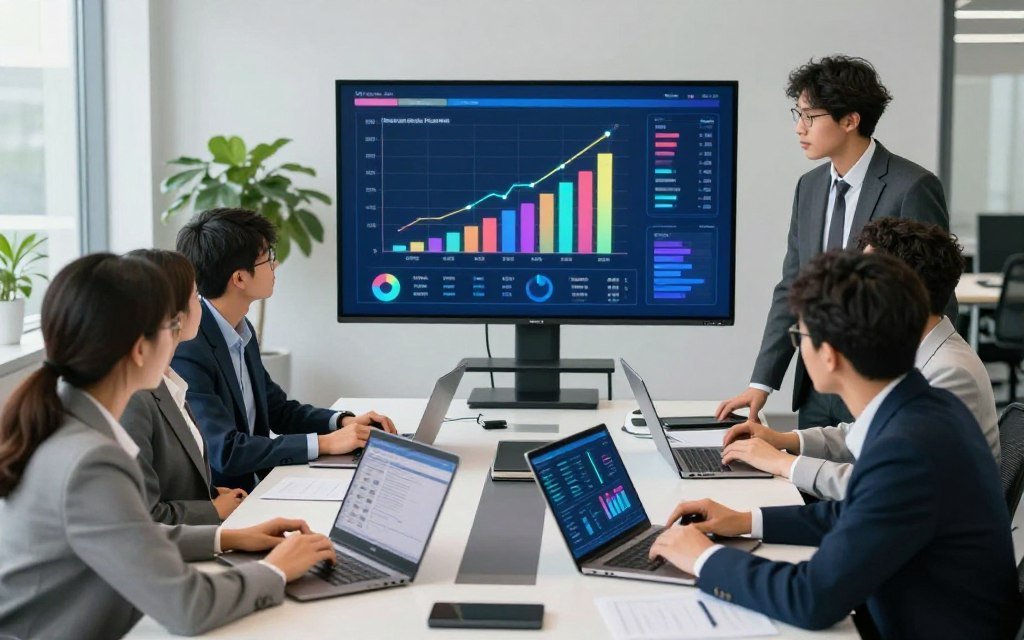 A digital workspace scene illustrating conversion optimization for AI-powered ads. In the foreground, a diverse group of professionals, dressed in smart business attire, are gathered around a sleek, modern conference table. They analyze performance metrics displayed on various digital devices, including laptops and tablets. The middle of the image features vibrant graphs and charts on a large screen, showcasing increasing conversion rates and engagement statistics, with highlighted areas indicating optimization strategies. In the background, a bright, open office setting with large windows and greenery creates a welcoming, collaborative atmosphere. The lighting is bright and professional, emphasizing focus and productivity, captured at a slight high angle to add depth. The overall mood conveys energy, innovation, and teamwork in a contemporary business environment. A digital workspace scene illustrating conversion optimization for AI-powered ads. In the foreground, a diverse group of professionals, dressed in smart business attire, are gathered around a sleek, modern conference table. They analyze performance metrics displayed on various digital devices, including laptops and tablets. The middle of the image features vibrant graphs and charts on a large screen, showcasing increasing conversion rates and engagement statistics, with highlighted areas indicating optimization strategies. In the background, a bright, open office setting with large windows and greenery creates a welcoming, collaborative atmosphere. The lighting is bright and professional, emphasizing focus and productivity, captured at a slight high angle to add depth. The overall mood conveys energy, innovation, and teamwork in a contemporary business environment.