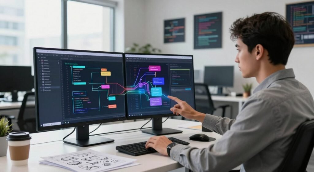 A dynamic digital workspace illustrating fast schema creation in a modern office environment. In the foreground, a focused developer, dressed in professional business attire, interacts with a large touchscreen displaying intricate database schema designs and flowcharts, radiating with vibrant colors and glowing lines. The middle ground features a sleek desk with a high-tech computer, papers scattered with complex diagrams, and a coffee cup, suggesting a busy yet productive atmosphere. In the background, a wall adorned with coding-related art and a large window allowing soft, natural light to flood the room, enhancing the innovative ambiance. The overall mood is energetic, emphasizing the speed and efficiency of AI coding tools in database design. A dynamic digital workspace illustrating fast schema creation in a modern office environment. In the foreground, a focused developer, dressed in professional business attire, interacts with a large touchscreen displaying intricate database schema designs and flowcharts, radiating with vibrant colors and glowing lines. The middle ground features a sleek desk with a high-tech computer, papers scattered with complex diagrams, and a coffee cup, suggesting a busy yet productive atmosphere. In the background, a wall adorned with coding-related art and a large window allowing soft, natural light to flood the room, enhancing the innovative ambiance. The overall mood is energetic, emphasizing the speed and efficiency of AI coding tools in database design.