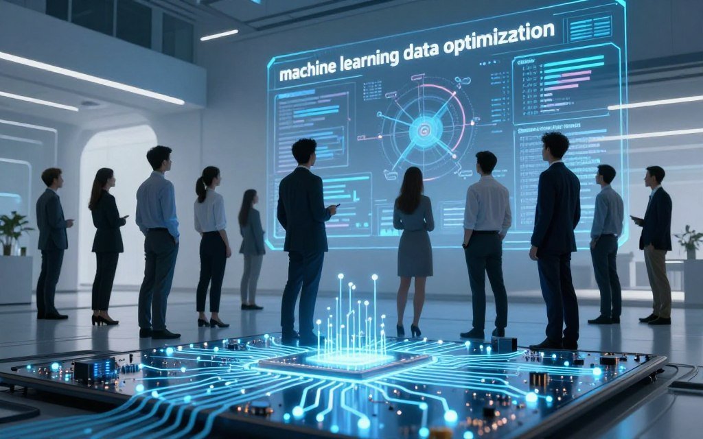 A dynamic, futuristic scene representing "machine learning data optimization." In the foreground, a sleek, illuminated circuit board featuring glowing data points and lines connecting them, symbolizing data flow. In the middle ground, a diverse group of professionals in smart business attire, intently observing a large holographic display showcasing complex data visualizations, graphs, and algorithms. The background reveals a high-tech environment with clean lines, minimalist design, and subtle blue tones highlighting a sense of innovation. Soft, diffused lighting creates an inspiring and focused atmosphere, while a low-angle perspective emphasizes the impact of advanced technology on data optimization techniques. The overall mood is one of collaboration and progress, capturing the essence of modern AI-driven solutions.