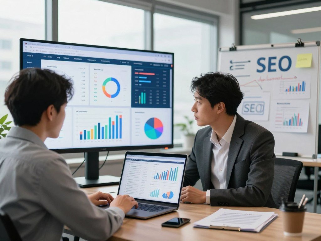 A dynamic office setting showcasing advanced SEO optimization techniques. In the foreground, a professional in business attire, focused on analyzing data on a sleek laptop, surrounded by charts and graphs illustrating key SEO metrics like keyword rankings and web traffic. In the middle, a large screen displays vibrant visualizations of website analytics and search engine performance, while a brainstorming whiteboard filled with SEO strategies and data insights adds depth. The background features a modern office with large windows letting in soft, natural light, creating an inspiring atmosphere. The overall mood is one of innovation and productivity, emphasizing the intelligent use of data analysis for mastering SEO optimization.