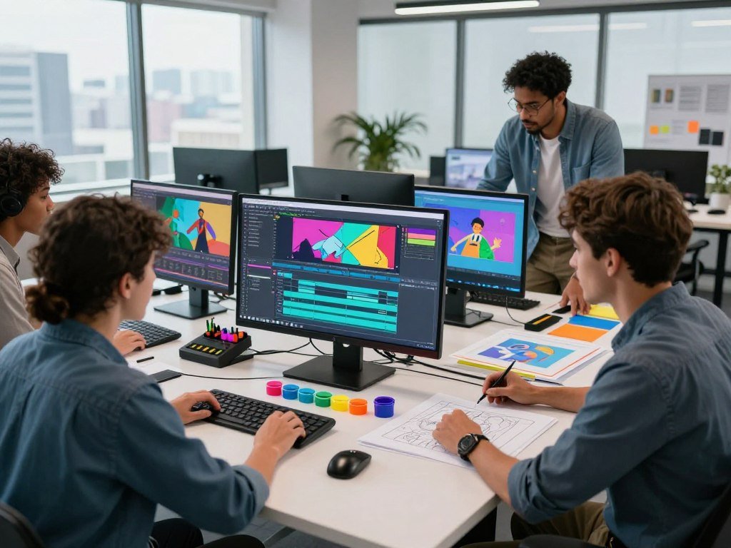 A dynamic scene depicting a "quick animated video creator" at work in a modern digital studio. In the foreground, a diverse group of three professionals—two men and one woman—are intently collaborating at a sleek, high-tech workstation, surrounded by multiple monitors displaying vibrant animated graphics and timelines. The middle ground features an array of colorful animation tools and sketchpads strewn across a stylish table, emphasizing creativity. In the background, large windows allow natural light to flood in, creating an open and inviting atmosphere, while a city skyline is visible, symbolizing fast-paced content marketing. The mood is energetic and innovative, suggesting efficiency and creativity in the digital age, captured with a slight tilt-angle lens to convey a sense of action and urgency. A dynamic scene depicting a "quick animated video creator" at work in a modern digital studio. In the foreground, a diverse group of three professionals—two men and one woman—are intently collaborating at a sleek, high-tech workstation, surrounded by multiple monitors displaying vibrant animated graphics and timelines. The middle ground features an array of colorful animation tools and sketchpads strewn across a stylish table, emphasizing creativity. In the background, large windows allow natural light to flood in, creating an open and inviting atmosphere, while a city skyline is visible, symbolizing fast-paced content marketing. The mood is energetic and innovative, suggesting efficiency and creativity in the digital age, captured with a slight tilt-angle lens to convey a sense of action and urgency.