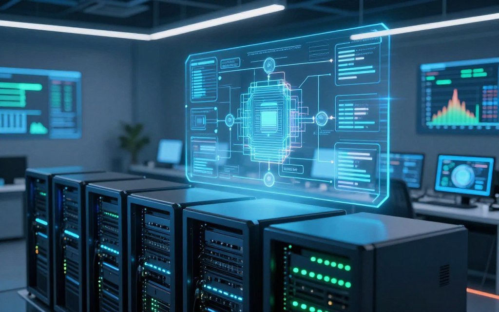 A dynamic visualization of AI Database Optimization, showcasing a futuristic data center environment. In the foreground, sleek computer servers are lined up, glowing with LED lights indicating high performance. The middle ground features a holographic display of complex data structures and algorithms, symbolizing optimization processes. The background consists of a high-tech control room with monitors showing analytics and graphs of database efficiency. Soft blue and green lighting adds a serene yet futuristic atmosphere, while a slight lens flare introduces a sense of innovation. The overall mood is focused and professional, emphasizing the challenges and solutions in AI optimization without any people present, ensuring a clean, technology-centric visual.