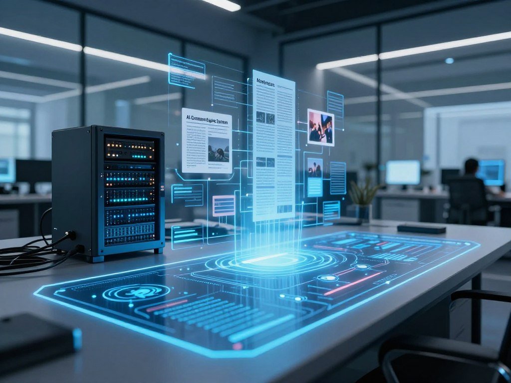 A futuristic AI Content Engine System depicted in a high-tech environment. In the foreground, a sleek, illuminated digital display showcasing algorithms and data streams symbolizing content generation. The middle ground features technical components like servers and processors, integrated with abstract visualizations of articles and multimedia elements emanating soft light. The background consists of a modern office space with glass walls and advanced technology, hinting at collaboration. The scene is illuminated with cool, blue-tinted lighting, creating a dynamic and innovative atmosphere. The perspective is a slightly low angle to emphasize the depth and complexity of the system, ensuring a sense of awe and sophistication without any human figures.