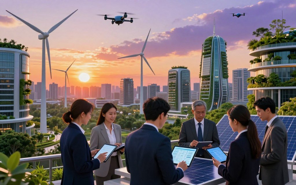 A futuristic cityscape showcasing AI-powered green technology in action. In the foreground, a diverse group of professionals in business attire collaborates at a solar energy station, examining data on digital tablets. The middle ground features wind turbines and vertical gardens integrated into modern buildings, with drones flying overhead, collecting environmental data. In the background, a brilliant sunset casts warm orange and purple hues across a skyline filled with eco-friendly architecture. The scene is illuminated by soft, ambient lighting that highlights the harmony between nature and technology. The atmosphere is optimistic and innovative, conveying a sense of progress towards sustainable development.