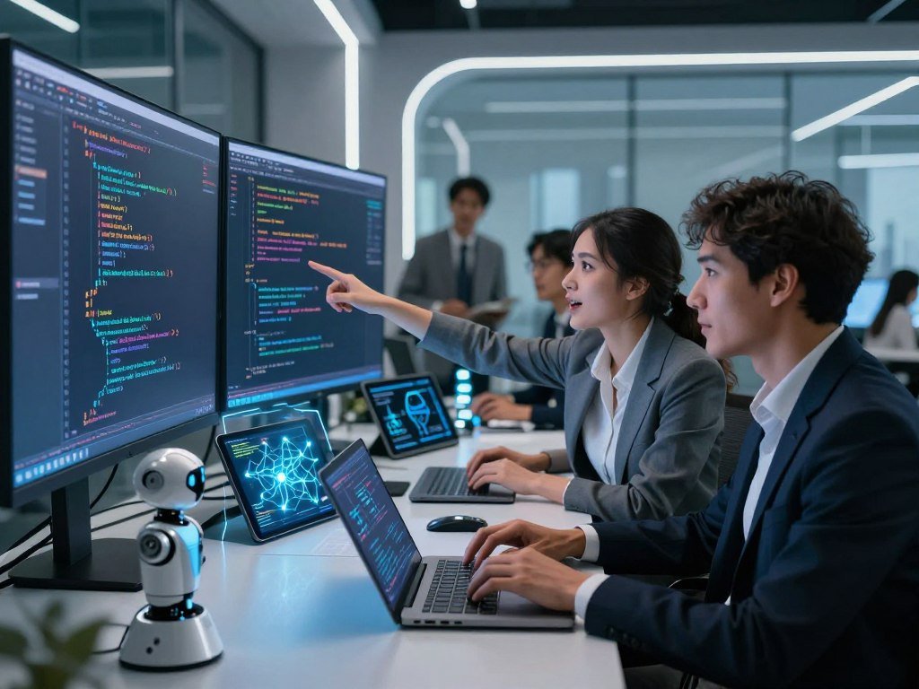A futuristic coding workspace featuring a diverse team of professionals in business attire, focused on a large digital screen displaying dynamic machine learning code. In the foreground, a confident woman points at the code with excitement, while a man types rapidly on a sleek laptop, surrounded by holographic displays of data visualization elements such as neural networks and algorithms. The middle section showcases an array of coding tools and smart devices, including a tablet and a robotic assistant. The background includes soft, cool lighting emanating from modern LED panels, creating a tech-savvy atmosphere. A glass wall reveals an urban skyline, hinting at innovation and progress. The mood is energetic and collaborative, emphasizing the synergy between humans and AI in enhancing coding efficiency.