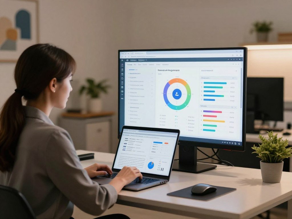 A futuristic digital classroom setting focused on online language tutoring, featuring two educators working with cutting-edge AI analytics tools. In the foreground, depict a professional woman in smart business attire analyzing AI-generated charts and graphs on a sleek laptop, her face illuminated by soft, warm lighting. The middle section portrays an interactive digital board displaying colorful visualizations of student progress data, showcasing language proficiency and engagement metrics. The background reveals a modern, well-lit workspace with abstract art and potted plants, creating an inviting atmosphere. Soft focus on the edges enhances the central subjects. Capture a sense of innovation and collaboration, reflecting the integration of AI in education.