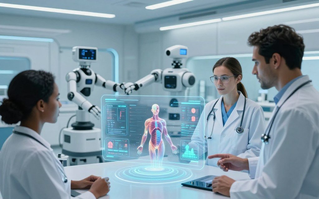 A futuristic healthcare diagnostics setting showcasing advanced AI technology. In the foreground, a diverse team of healthcare professionals, including a Black woman and a Hispanic man, both in professional medical attire, analyze data on transparent AR screens with intricate graphs and patient information overlaying a 3D anatomical model. In the middle ground, a sleek AI interface displays diagnostic results while robotic assistants manage medical equipment safely. The background features a high-tech hospital environment, with bright ambient lighting enhancing a clean, sterile atmosphere. The scene captures a sense of innovation and collaboration, evoking optimism for the future of healthcare, with a focus on technology and humanity working hand in hand.