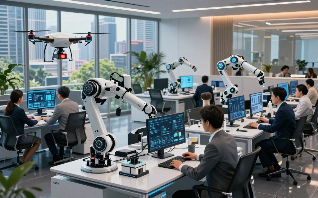 A futuristic office environment showcasing advanced robotics integrated into modern workflows. In the foreground, a humanoid robot equipped with articulated arms efficiently collaborates with a diverse group of professionals in business attire, analyzing data on digital interfaces. In the middle ground, automated drones deliver supplies while robotic arms organize materials on sleek, high-tech workstations. The background features large windows displaying a vibrant city skyline, infused with greenery, emphasizing a harmonious blend of technology and nature. Soft, ambient lighting casts a warm, inviting atmosphere, with reflections on glass surfaces. The angle is slightly elevated, providing a comprehensive view of the futuristic workspace and the seamless interaction between humans and robots, highlighting the synergy and potential of AI automation in daily tasks.