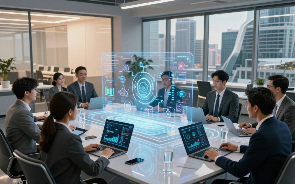A futuristic office setting highlighting the theme of AI automation workforce development. In the foreground, a diverse group of professionals in business attire engages around a large, high-tech table, interacting with sleek digital interfaces displaying AI graphs and analytics. The middle layer features holographic projections illustrating various automation tools and processes, enhancing the atmosphere of innovation and collaboration. In the background, large windows reveal a cityscape with advanced architecture, symbolizing technological progress. Soft, ambient lighting casts a warm glow, creating an inviting and optimistic mood. The scene is captured from a slightly elevated angle, providing a clear view of the collaboration and dynamic interactions, embodying the spirit of preparing a workforce for a tech-driven economy.