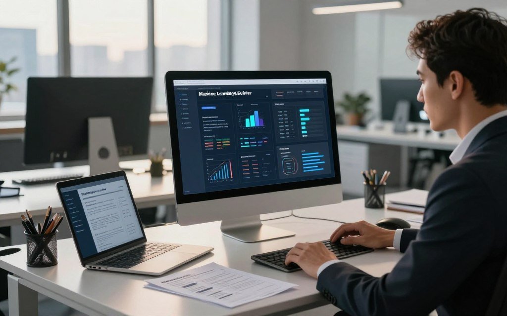 A futuristic office setting, showcasing a sleek, modern workspace with a high-tech computer displaying a machine learning resume builder interface. In the foreground, a professional businessperson in formal attire is intently analyzing the screen, with numerous graphs and AI algorithms visualized around them. The middle layer features a stylish desk cluttered with digital devices and papers filled with resume templates. The background includes a large window with a cityscape view, allowing natural light to flood the scene, creating a warm yet focused atmosphere. The lighting is soft yet illuminating, emphasizing the technology and the individual’s concentration. The mood is one of innovation and professionalism, ideal for illustrating smart CV design templates.
