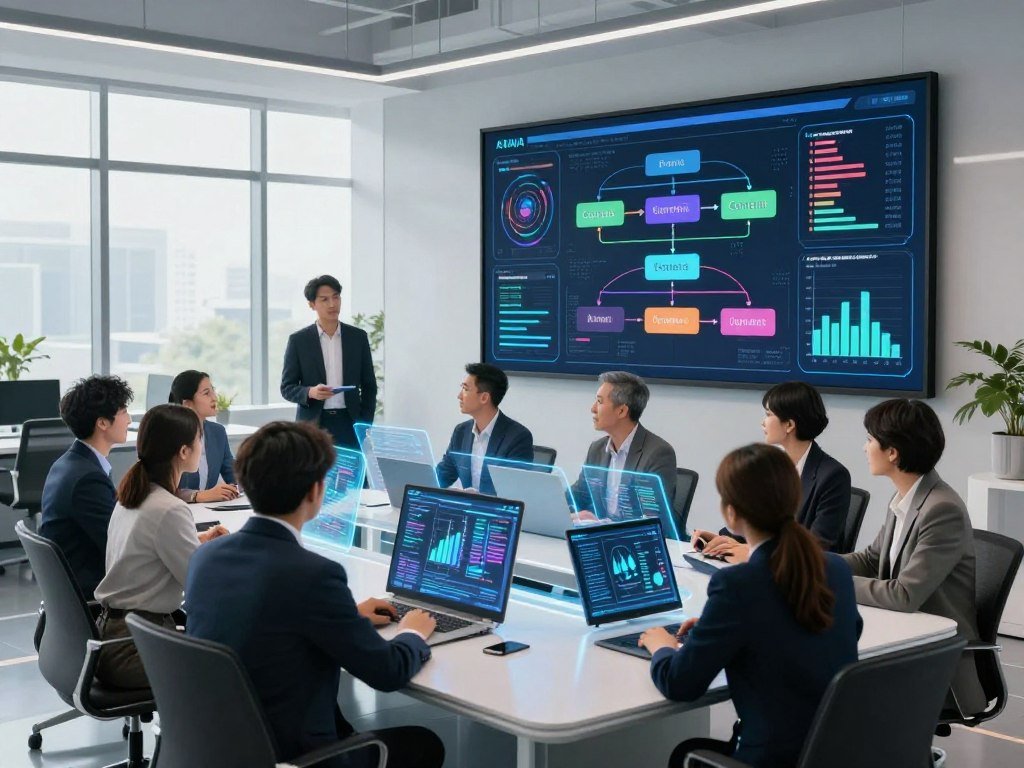 A futuristic office space filled with digital screens displaying dynamic graphs and algorithms related to AI content generation. In the foreground, a diverse group of professionals dressed in smart business attire collaborates around a sleek, modern conference table, analyzing interactive data on holographic displays. The middle ground features a large wall monitor showcasing a flowchart illustrating the AI-driven content production process, with vibrant colors and intricate designs. In the background, large windows let in bright, natural light, creating a lively and inspiring atmosphere. The overall mood is one of innovation and teamwork, emphasizing the transformation in content creation through AI technology. The scene is captured with a wide-angle lens, emphasizing depth and detail.