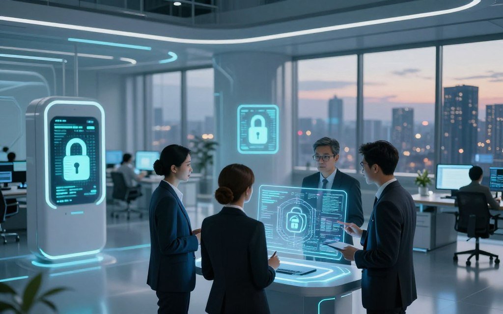 A futuristic office space showcasing the concept of AI data privacy and security. In the foreground, a diverse group of three professionals in smart business attire is depicted, engaged in a discussion around a holographic display showing encrypted data and algorithmic patterns. The middle ground features sleek, high-tech devices highlighting digital security elements like padlocks and firewall icons. In the background, large windows reveal a cityscape at dusk, illuminated by soft blue and green lighting, creating a calm yet focused atmosphere. The scene should convey a sense of trust, emphasizing the importance of ethical considerations in AI automation. Use a wide-angle lens to capture the depth of the environment, ensuring a soft focus on the background for an immersive effect.