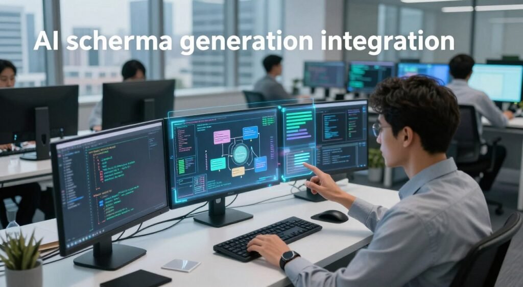 A futuristic office workspace showcasing "AI schema generation integration." In the foreground, a professional developer in business attire interacts with a holographic interface displaying intricate database schemas and AI algorithms. The middle layer features a sleek computer setup with multiple monitors displaying real-time data flows and code, illuminated by soft blue and green ambient lighting. In the background, large windows reveal a modern city skyline, hinting at innovation and connectivity. The overall mood is one of productivity and inspiration, emphasizing the seamless integration of advanced technology into the development workflow. Capture this scene with a slightly overhead angle to highlight both the dynamic workspace and the engaging AI elements, ensuring a high-quality, clear focus on the interaction within the environment. A futuristic office workspace showcasing "AI schema generation integration." In the foreground, a professional developer in business attire interacts with a holographic interface displaying intricate database schemas and AI algorithms. The middle layer features a sleek computer setup with multiple monitors displaying real-time data flows and code, illuminated by soft blue and green ambient lighting. In the background, large windows reveal a modern city skyline, hinting at innovation and connectivity. The overall mood is one of productivity and inspiration, emphasizing the seamless integration of advanced technology into the development workflow. Capture this scene with a slightly overhead angle to highlight both the dynamic workspace and the engaging AI elements, ensuring a high-quality, clear focus on the interaction within the environment.