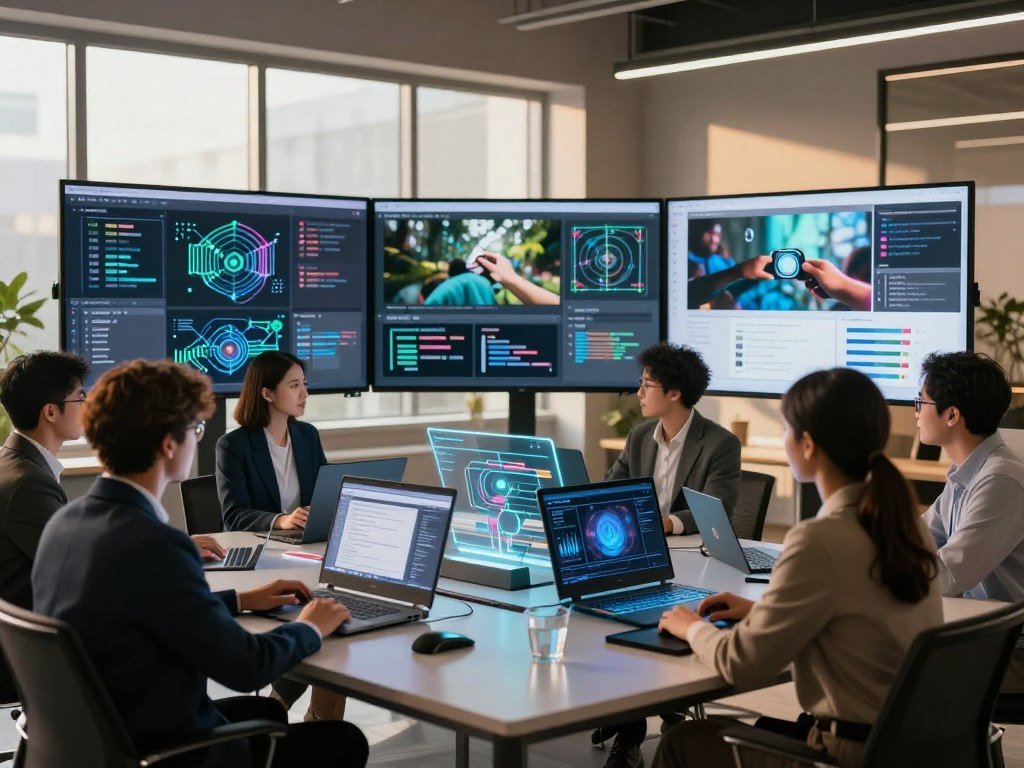 A futuristic workspace depicting multimodal content creation. In the foreground, a diverse group of professionals, dressed in smart business attire, are collaborating around a sleek, high-tech table covered with interactive digital devices and holographic displays. In the middle ground, large screens showcase vibrant visual content, combining text, video, and graphics that illustrate AI in action, such as algorithmic patterns and creative workflows. The background features a modern office environment with large windows letting in natural light, casting soft shadows that enhance the atmosphere of innovation. The overall color palette is warm and inviting, with hints of blue and green to signify technology and creativity. The scene embodies a dynamic mood of inspiration and collaboration, reflecting the future of AI content generation.