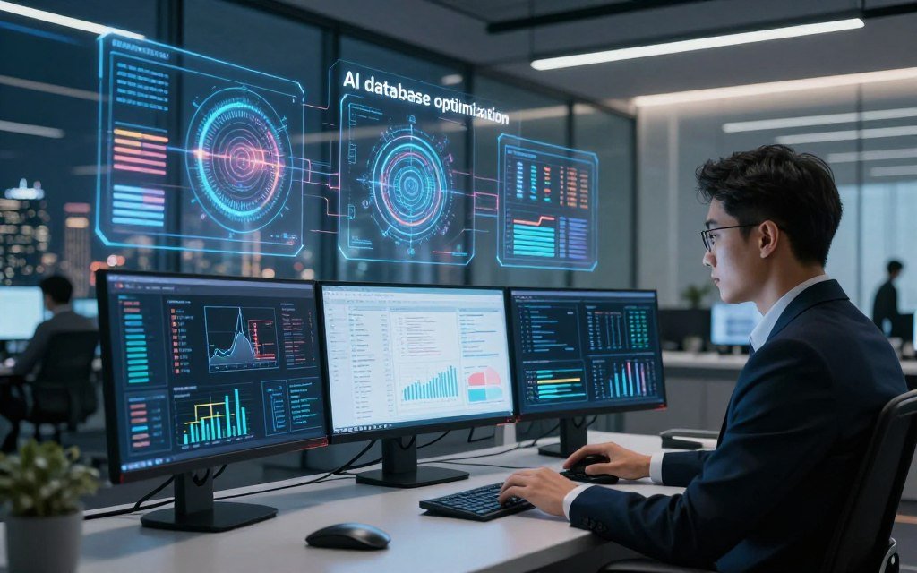 A futuristic workspace illustrating "AI database optimization." In the foreground, a sleek computer station with multiple monitors displaying complex data visualizations, algorithms, and graphs. A professional in business attire, focused and engaged, sits at the desk, manipulating data with advanced AI software. The middle layer features stylized holographic charts and AI elements floating around, showcasing real-time data analytics and performance metrics. In the background, a modern office with glass walls, illuminated by soft, ambient lighting that creates a high-tech atmosphere. A panoramic view of a city skyline can be seen through the glass, emphasizing innovation. The overall mood is dynamic and inspiring, reflecting the transformative power of AI in database performance tuning.