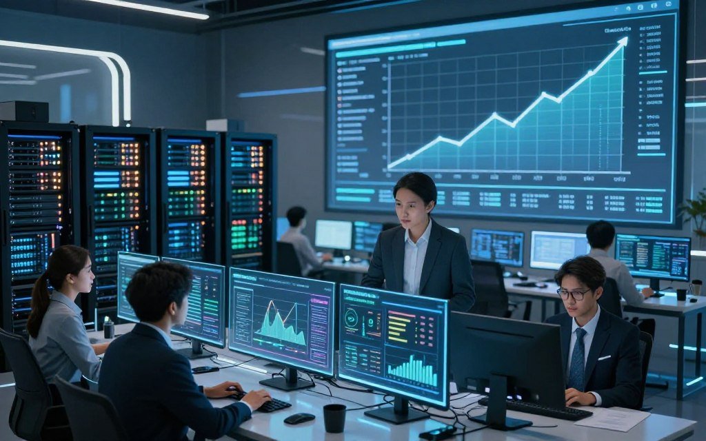 A high-tech, futuristic office environment focusing on database performance optimization. In the foreground, a diverse team of professionals—two men and a woman—analyzing complex data visualizations on transparent screens, dressed in smart business attire. In the middle ground, advanced server racks pulsating with lights, showcasing efficiency and speed. The background features a large digital display showing a graph of database performance metrics with an upward trend, implying growth. Soft, high-contrast lighting highlights the subjects and technology, creating a feeling of urgency and innovation. A wide-angle perspective captivates the viewer, immersing them in this dynamic atmosphere of AI-powered database efficiency enhancement.