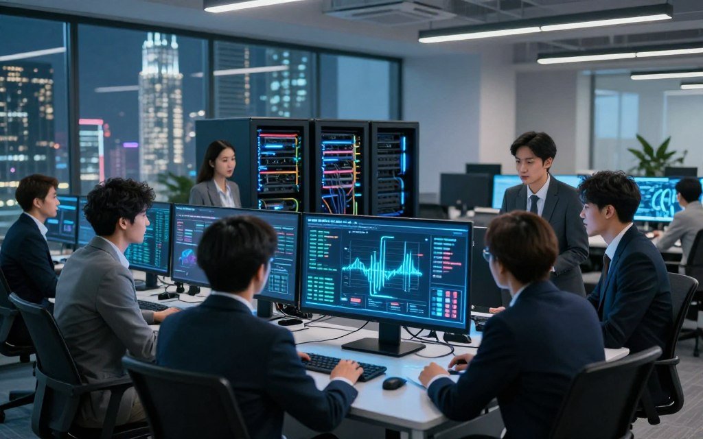A modern and sleek office environment with an emphasis on AI database optimization. In the foreground, a diverse team of professionals in business attire are gathered around a high-tech digital dashboard, featuring glowing analytics and data flow visualizations. The middle section showcases computer servers with intricate wiring, emphasizing the integration of cutting-edge technology. The background includes a large window with a futuristic city skyline, symbolizing innovation and progress. Soft, ambient lighting enhances the atmosphere, while focused spotlights highlight the dashboard. The mood is one of collaboration, urgency, and excitement as the team works together to implement performance-boosting solutions. The image captures a sense of dynamic energy, showcasing the transformative power of AI in database management.