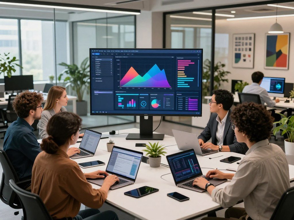 A modern content creation platform, featuring an elegant workspace filled with advanced technology. In the foreground, a diverse team of professionals, dressed in smart casual attire, collaborate around a large, sleek table covered with laptops, tablets, and digital content tools. The middle ground displays a large digital screen showcasing a colorful, dynamic interface of a content management system, with graphs and statistics. The background is filled with a contemporary office design, featuring glass walls, greenery, and motivational artwork. The lighting is bright and inviting, with soft, diffused natural light coming from large windows. Capture this scene from a slightly elevated angle to emphasize teamwork and innovation, evoking a mood of creativity and productivity.